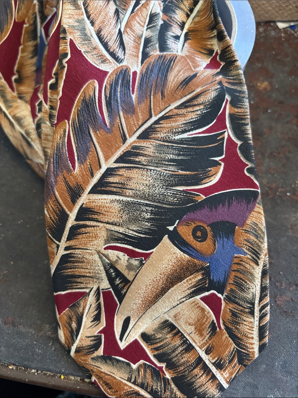 Ted Lapidus Toucan Print Silk Tie in Burgundy and Tan